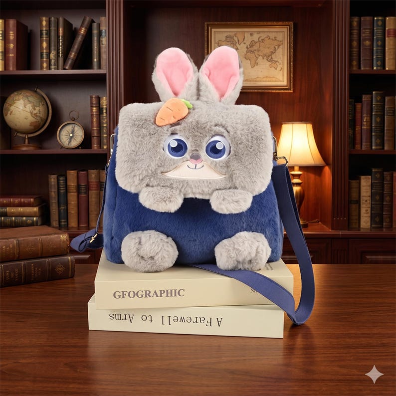 May include: A fluffy, grey bunny-shaped shoulder bag with pink inner ears and a small orange carrot. The bag has a blue body and a long blue strap. The bag is resting on two books with the text "Gfographic" and "A Farewell to Arms".