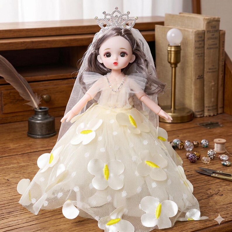 May include: A doll with long brown hair wearing a cream-colored tulle gown adorned with white fabric flower appliqu&eacute;s featuring yellow centers. The doll has a silver-toned tiara, a sheer veil, and a delicate necklace, presenting a formal appearance.
