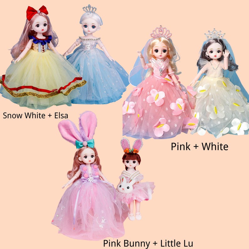 May include: Six dolls featuring various outfits: one with a red bow and yellow skirt, one in a blue gown with a crown, one in a pink dress with butterfly accents, one in a white dress with floral details, one with bunny ears, and one holding a rabbit.