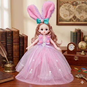 May include: A doll with long light brown hair wearing a headband with large fuzzy pink bunny ears and a teal bow. The doll is dressed in a sleeveless lavender top with pink pom-poms and a layered, pleated pink tulle skirt with silver embroidery.