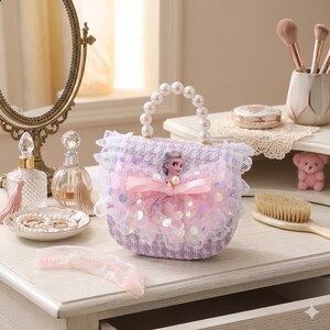 K&ouml;nnte beinhalten: Eine kleine, dekorative Handtasche mit Perlenhenkel. Die Tasche ist lavendelfarben und wei&szlig; mit einer rosa Schleife und einer kleinen Figur. Weitere Kosmetikartikel, wie Parf&uuml;mflaschen und Make-up-Pinsel, sind in der N&auml;he.