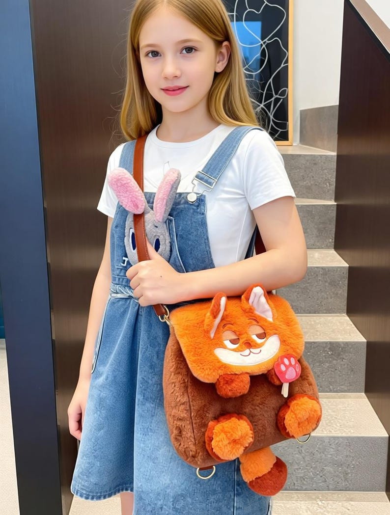 May include: A fluffy orange and brown fox-shaped backpack with a mushroom detail. The backpack has a brown strap and is worn over the shoulder. A grey bunny plush is attached to the denim dungarees.