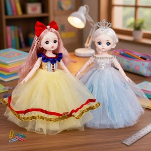 May include: Two dolls with large eyes and articulated joints. The left doll has pink hair, a red bow, and a yellow tulle dress with gold trim. The right doll has white hair, a silver crown, and a light blue tulle dress with silver accents.
