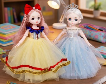 Boneca articulada com 13 articulações móveis, boneca fashion princesa de 30 cm com roupa, inspirada na Elsa, Branca de Neve e Coelhinha, brinquedo para vestir, presente ideal para meninas em aniversários e Natal.