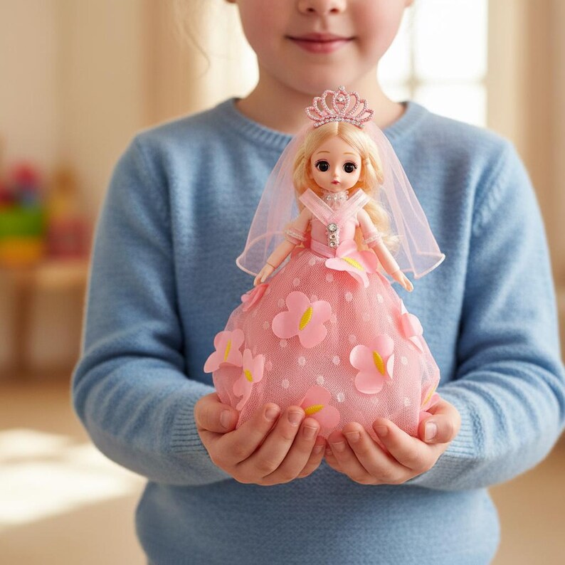May include: A doll with blonde hair wearing a pink dress adorned with pink butterfly appliques and a sheer pink veil. The doll features a small pink tiara on its head and a bodice with a white collar and silver accents, standing in a full skirt.