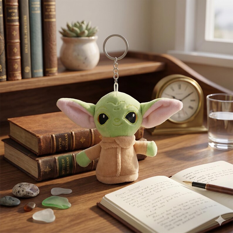 May include: A green plush keychain featuring a character with large ears and big eyes, wearing a tan coat. The keychain is attached to a silver ring. The background includes books, a clock, and a glass of water.