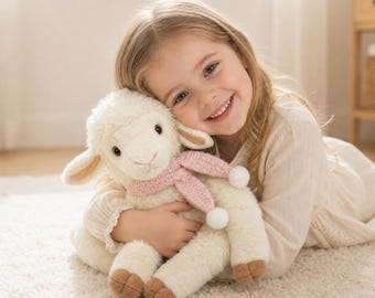 Kawaii Standing Sheep Plush with Pink Scarf,Soft Lamb Stuffed Animal, Baby Shower Gift, Nursery Decor, Toddler Comfort Toy, Newborn Keepsake