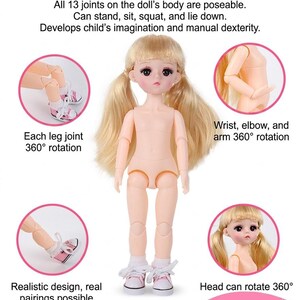 May include: A blonde doll with pigtails, large eyes, and a light skin tone, wearing white socks and pink sneakers. The doll features 13 poseable joints, including 360-degree rotation for the head, arms, elbows, wrists, and legs, allowing it to stand, sit, squat, and lie down.