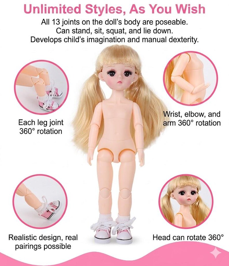 May include: A blonde doll with pigtails, large eyes, and a light skin tone, wearing white socks and pink sneakers. The doll features 13 poseable joints, including 360-degree rotation for the head, arms, elbows, wrists, and legs, allowing it to stand, sit, squat, and lie down.