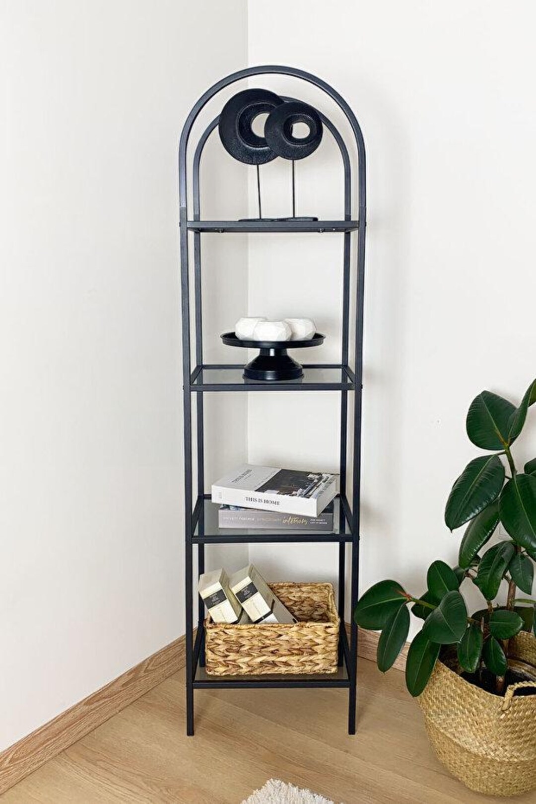 Black Corner Shelf Unit Glass Shelves Narrow Bookcase Kitchen Storage ...