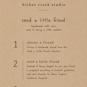 May include: A tan informational card with dark brown text and a botanical illustration at the top. The text reads: hither creek studio, send a little friend, handmade with care, sent to bring a little comfort. Steps 1, 2, and 3 explain the process.