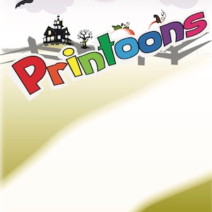 Puede incluir: Una ilustraci&oacute;n colorida de la palabra "Printoons" con una casa encantada, un murci&eacute;lago, un sol y una calabaza en el fondo.