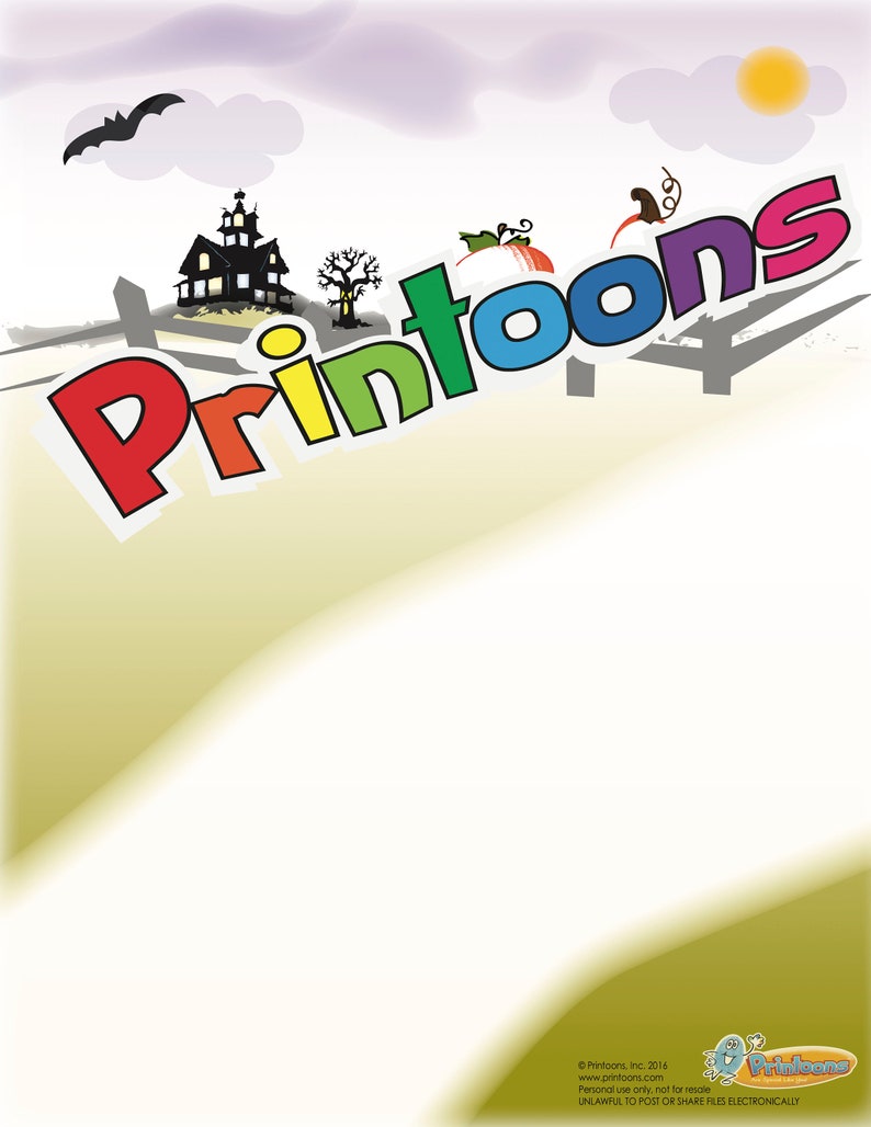 Puede incluir: Una ilustraci&oacute;n colorida de la palabra "Printoons" con una casa encantada, un murci&eacute;lago, un sol y una calabaza en el fondo.