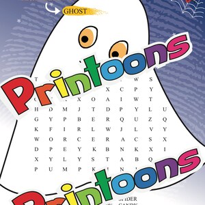 Puede incluir: Un rompecabezas de b&uacute;squeda de palabras con tem&aacute;tica de Halloween que presenta un fantasma con la palabra "Printoons" envuelta a su alrededor en colores. El rompecabezas incluye palabras como "fantasma", "vampiro", "esqueleto" y "bruja".