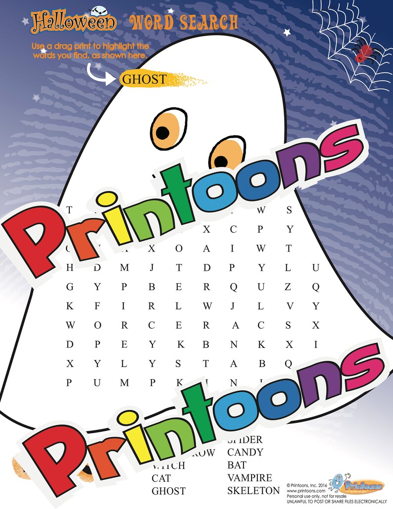 Puede incluir: Un rompecabezas de b&uacute;squeda de palabras con tem&aacute;tica de Halloween que presenta un fantasma con la palabra "Printoons" envuelta a su alrededor en colores. El rompecabezas incluye palabras como "fantasma", "vampiro", "esqueleto" y "bruja".