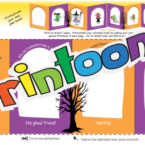 Puede incluir: Un libro de acorde&oacute;n de Halloween imprimible con ilustraciones coloridas de una bruja, un fantasma, un vampiro y un esqueleto. El libro tiene instrucciones para imprimir, cortar, doblar y pegar. El texto del libro dice "Halloween Accordion Book" y "Printoons".
