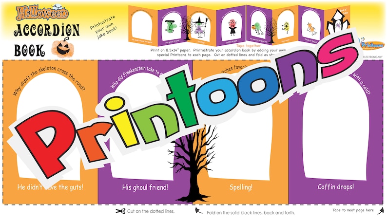 Puede incluir: Un libro de acorde&oacute;n de Halloween imprimible con ilustraciones coloridas de una bruja, un fantasma, un vampiro y un esqueleto. El libro tiene instrucciones para imprimir, cortar, doblar y pegar. El texto del libro dice "Halloween Accordion Book" y "Printoons".
