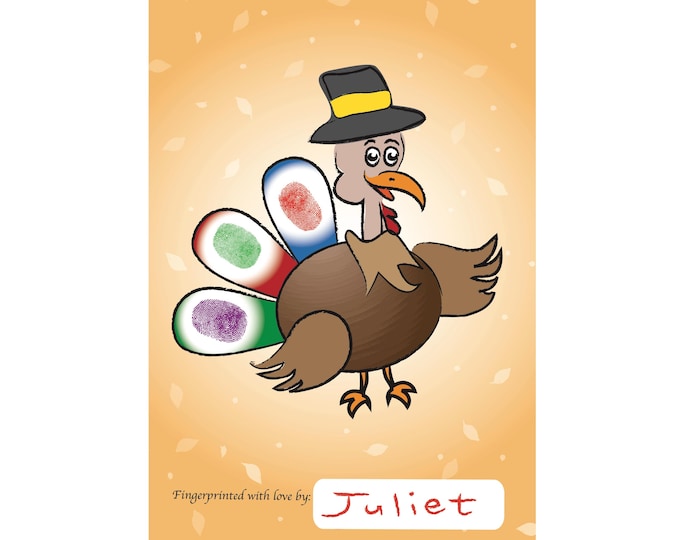 Greeting Card Thanksgiving Turkey Fingerprint Art, Thanksgiving DIY Card, Thanksgiving Greeting, Turkey Fingerprint Art