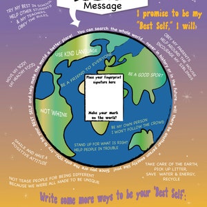 Puede incluir: Una ilustraci&oacute;n colorida de un globo terr&aacute;queo con las palabras "The Printoons Message" y una lista de mensajes positivos para ni&ntilde;os, como "Use Kind Language", "Be a Friend to Everyone", "Not Whine", "Smile and Have a Positive Attitude", y "Stand Up for What is Right". El texto "I promise to be my "Best Self", I will" est&aacute; en la parte superior de la imagen.