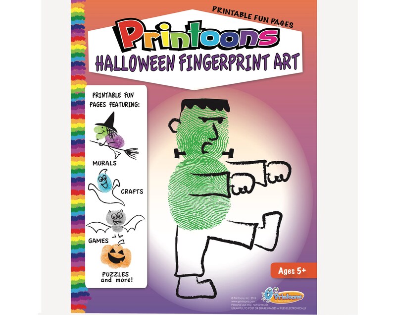 Puede incluir: Un libro de arte de huellas dactilares de Halloween imprimible con un monstruo de Frankenstein verde con contorno negro. El libro incluye p&aacute;ginas imprimibles para murales, manualidades, juegos, rompecabezas y m&aacute;s. El libro es para ni&ntilde;os de 5 a&ntilde;os en adelante.
