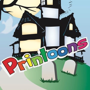 Puede incluir: Una ilustraci&oacute;n colorida de una casa encantada con la palabra "Printoons" en arco&iacute;ris delante de ella. La casa es negra con ventanas blancas y una luna detr&aacute;s de ella. Hay dos l&aacute;pidas grises delante de la casa.