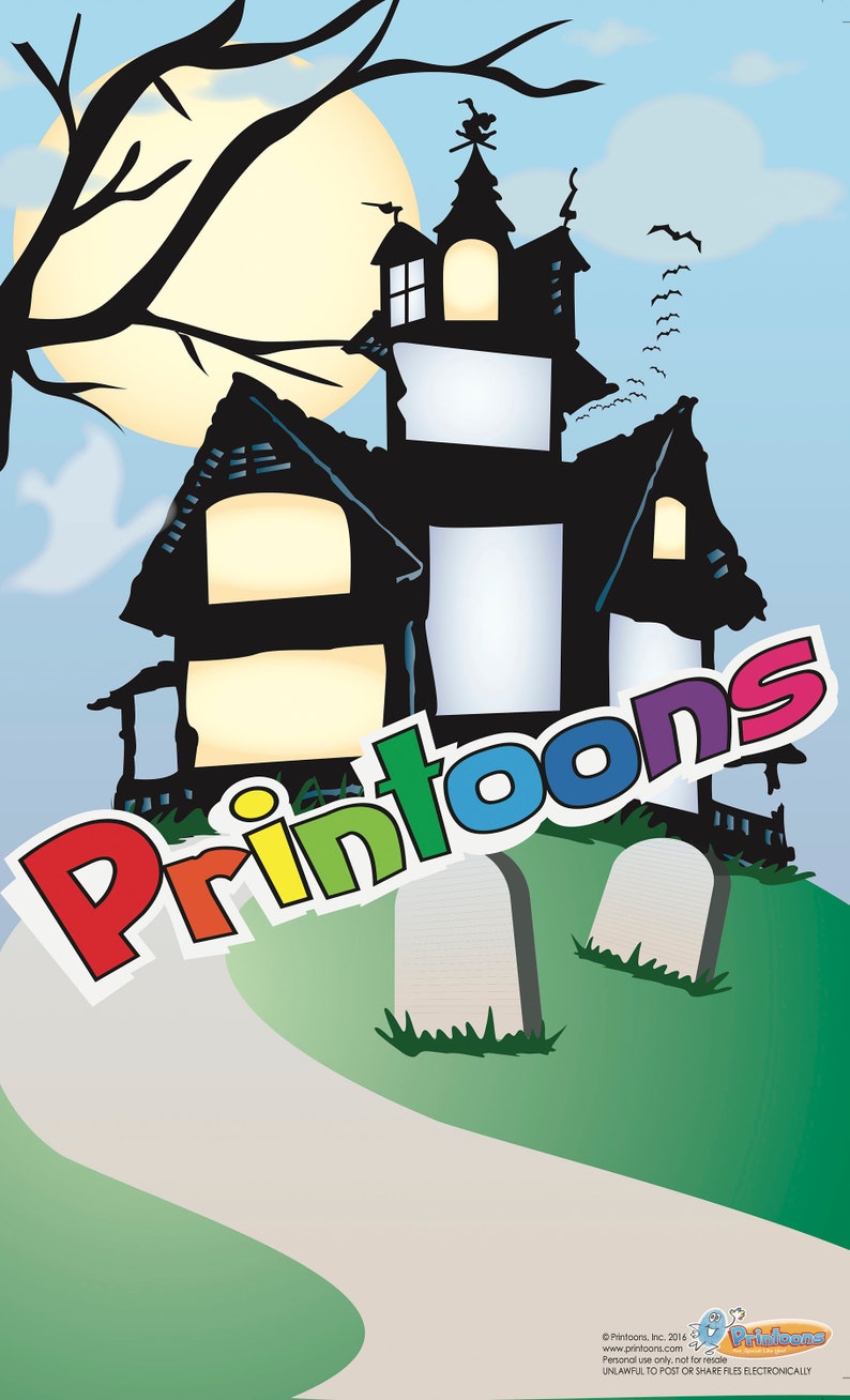 Puede incluir: Una ilustraci&oacute;n colorida de una casa encantada con la palabra "Printoons" en arco&iacute;ris delante de ella. La casa es negra con ventanas blancas y una luna detr&aacute;s de ella. Hay dos l&aacute;pidas grises delante de la casa.