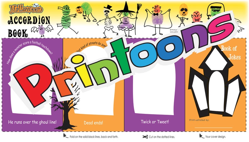 Puede incluir: Un libro acorde&oacute;n colorido con tem&aacute;tica de Halloween. La portada presenta un murci&eacute;lago negro, un esqueleto, una bruja y una momia. El t&iacute;tulo del libro es "Halloween Accordion Book". El libro est&aacute; dise&ntilde;ado para ser impreso y recortado.
