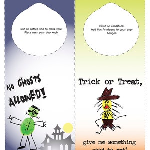 Puede incluir: Dos colgadores de puerta de Halloween imprimibles. El de la izquierda presenta un monstruo verde con el texto "No Ghosts Allowed!" El de la derecha presenta un espantap&aacute;jaros con el texto "Trick or Treat, give me something good to eat!"