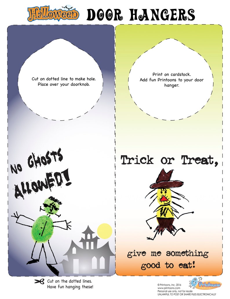 Puede incluir: Dos colgadores de puerta de Halloween imprimibles. El de la izquierda presenta un monstruo verde con el texto "No Ghosts Allowed!" El de la derecha presenta un espantap&aacute;jaros con el texto "Trick or Treat, give me something good to eat!"