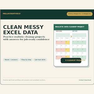 Excel Data Cleaning Practice Workbook, Beginner Excel Exercises, Job Test Projects, Messy Data Cleanup with Answers