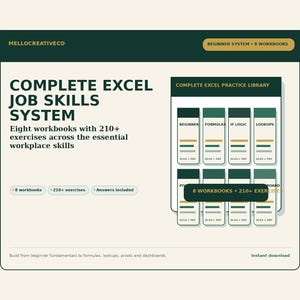 Pacchetto completo di competenze Excel per il mondo del lavoro, 8 cartelle di lavoro con oltre 210 esercizi, formule, tabelle pivot, funzioni di ricerca e dashboard.