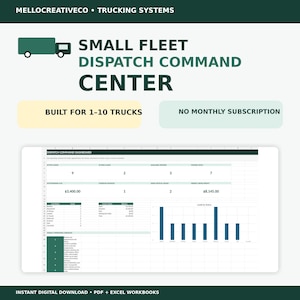 May include: A digital dispatch command center spreadsheet for 1-10 trucks by MELLOCREATIVECO. The dashboard features a dark green truck icon, text stating no monthly subscription, and a detailed table showing active loads, revenue, and a bar chart.