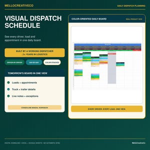May include: A digital visual dispatch schedule template for logistics management. The layout features a color-oriented daily board, driver-by-driver, day-by-day, and color-stacked options, with text including Visual Dispatch Schedule and Tomorrow's Board in One View.