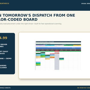 Visual Trucking Driver Dispatch Schedule, Color Coded Daily Load Planner for Small Fleets, Excel & Google Sheets