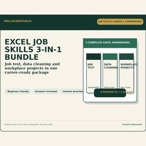 Excel Job Skills Bundle, 3-in-1 Beginner Excel Workbooks, Job Test, Data Cleaning and Workplace Projects