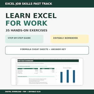 May include: A digital educational resource titled Excel Job Skills Fast Track, Learn Excel For Work, 35 Hands-On Exercises. Includes a step-by-step guide, editable workbook, formula cheat sheets, answer key, and a mini sales dashboard sample.