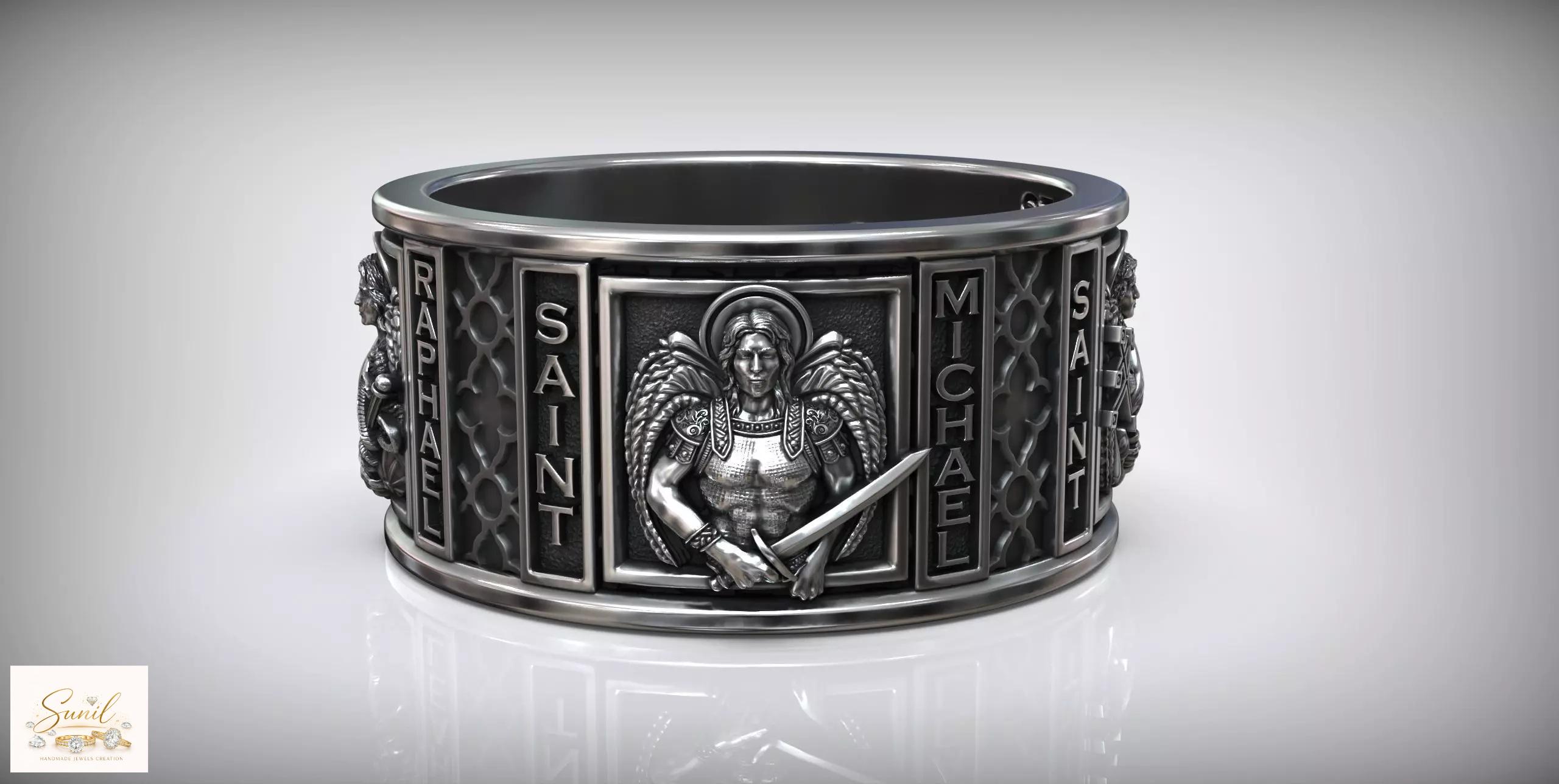 St Michael Archangel Ring 925 Sterling Silver Oxidized Finish Baroque Christian Jewelry Protection Band for Men,St Archangel god gift band