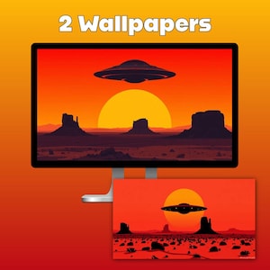 Puede incluir: Un monitor de computadora que muestra una ilustración digital de un paisaje desértico con un gran sol amarillo, formaciones rocosas oscuras y un platillo volador, con el texto 2 Wallpapers arriba. Una segunda versión se muestra debajo.