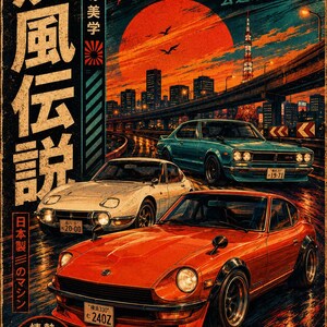 Peut inclure: Une affiche représentant trois voitures de sport anciennes sur une route mouillée au coucher du soleil avec une ligne d'horizon urbaine et la tour de Tokyo. L'image inclut du texte japonais, un grand soleil rouge et des voitures rouge, blanche et bleu sarcelle.