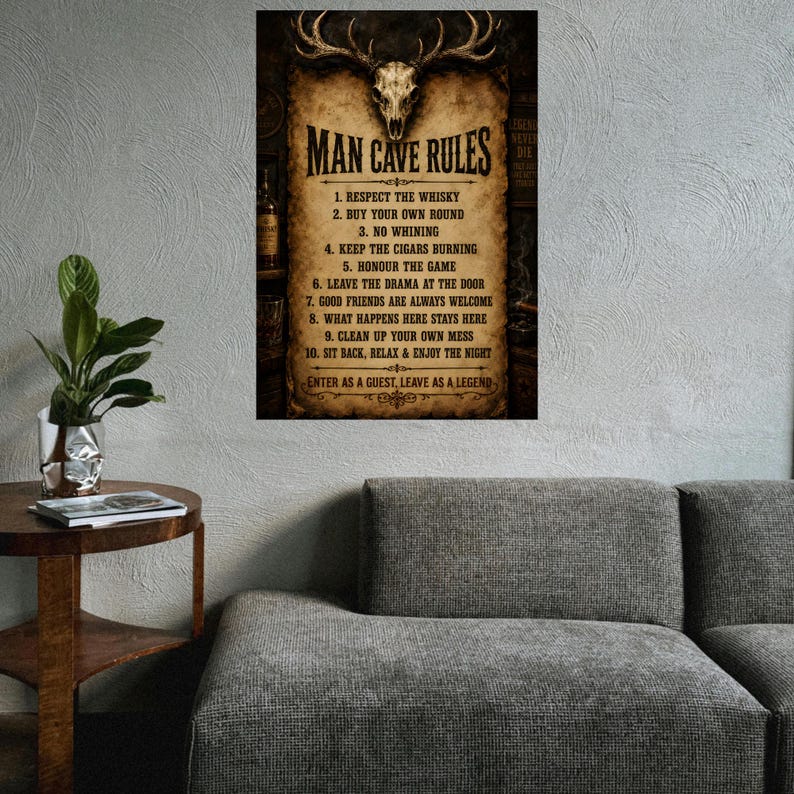 Stag Rules Man Cave Rules Stag Skull Poster, Rustic Pub Shed Sign (digital ...