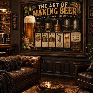 Puede incluir: Un gran cuadro rectangular titulado The Art of Making Beer, que muestra un diagrama detallado del proceso de elaboración de cerveza con ilustraciones de las etapas de malta, maceración, ebullición, fermentación y servicio, en un marco de madera.