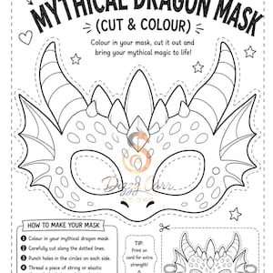 Pode incluir: Uma folha de atividades imprimível em preto e branco intitulada MAKE YOUR OWN MYTHICAL DRAGON MASK (CUT & COLOUR). Apresenta o contorno de uma máscara de dragão com chifres, escamas e orifícios para os olhos, além de instruções e um modelo.
