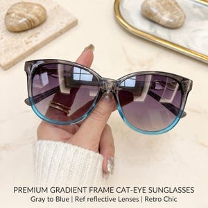 Könnte beinhalten: Cat-Eye-Sonnenbrille mit einem Farbverlauf von Grau zu Blau. Die Gläser gehen von Lila zu Blau über. Der Text auf dem Bild lautet: "PREMIUM GRADIENT FRAME CAT-EYE SUNGLASSES Gray to Blue | Ref reflective Lenses | Retro Chic."