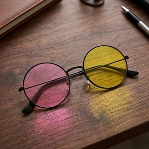 Op de afbeelding: Ronde zonnebril met een zwart montuur en tweekleurige glazen. Eén lens is roze, de andere is geel. De bril ligt op een houten oppervlak, met een pen en notitieboek op de achtergrond.