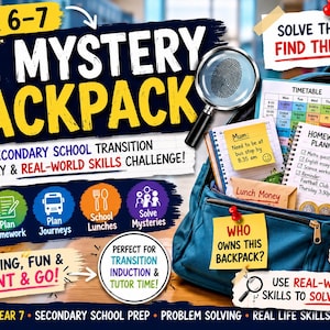 Op de afbeelding: Een blauwe rugzak gevuld met schoolspullen, waaronder een huiswerkplanner, een rooster en lunchgeld. De afbeelding bevat tekst, waaronder "Year 6-7 The Mystery Backpack", "Solve the clues find the owner" en "Who owns this backpack?"