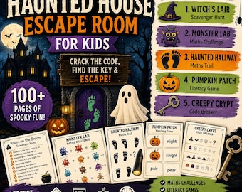 Halloween Haunted House Escape Room Printable | 5 Mission Maths & Literacy Game for Kids | Halloween Party Classroom Activity