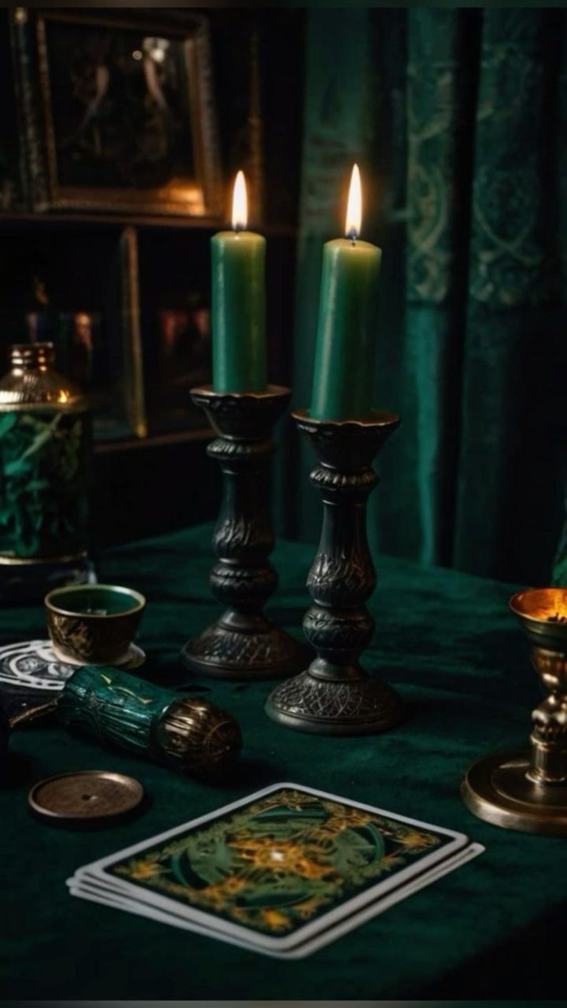 May include: Two dark green pillar candles with lit flames stand in ornate, dark metal candle holders. A deck of illustrated cards, a small green bowl, a cylindrical object with gold accents, and a metal lid are arranged on a dark green surface.