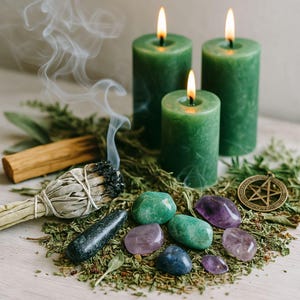 May include: Three green pillar candles with lit flames, a smoking sage smudge stick, a wooden palo santo stick, a bronze pentacle pendant, and several polished gemstones in shades of green, purple, and dark blue, all resting on dried herbs.