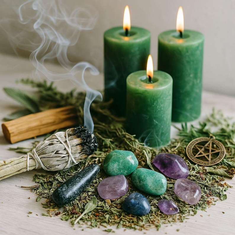 May include: Three green pillar candles with lit flames, a smoking sage smudge stick, a wooden palo santo stick, a bronze pentacle pendant, and several polished gemstones in shades of green, purple, and dark blue, all resting on dried herbs.