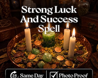 May include: A copper-colored bowl filled with dried herbs, copper coins, and green stones, featuring three white candles and one green candle. The text reads: Strong Luck And Success Spell, 24 Hours Same Day, and Photo Proof.